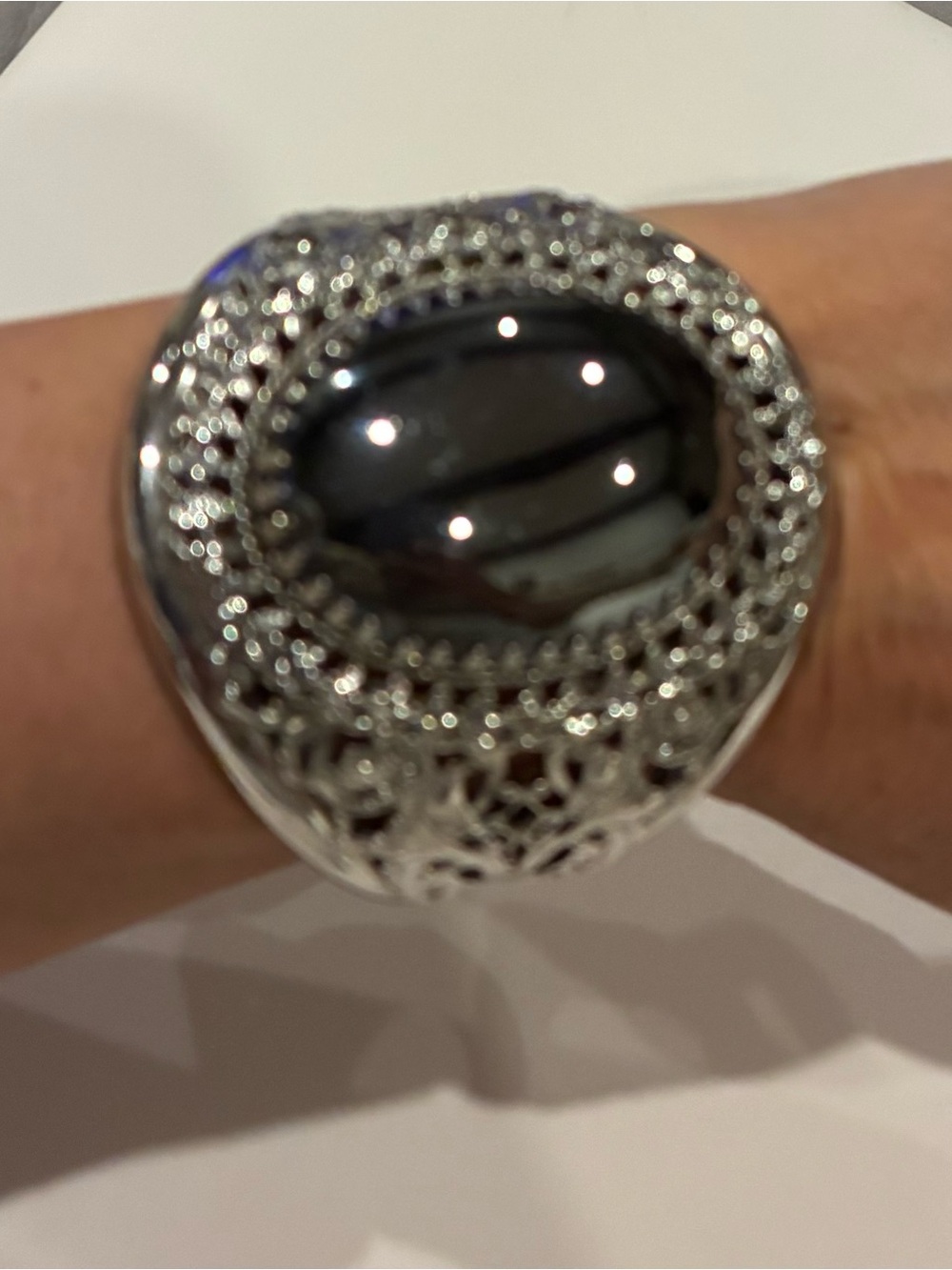 Vintage Whiting Davis Large Cuff Hinged Bracelet Featuring Large Hematite Stone